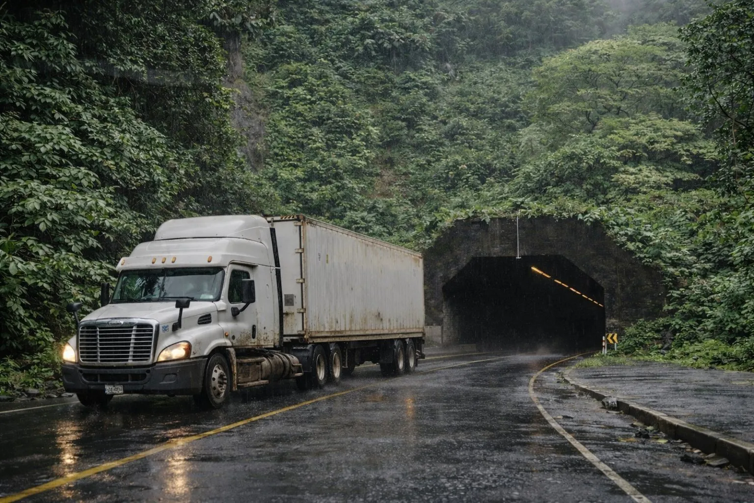 Cabezal blanco con un contenedor sale de un túnel en una carretera de montaña mojada, entre bosque lluvioso.